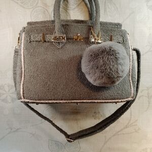 Beach Haus Elegant Gray And Pale Pink Crossbody Bag with Pom Pom
